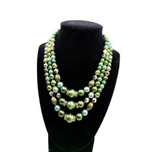 Vintage Japan signed Green Faux Pearl Bead Necklace 3-Strand 1950s Mad Men Style